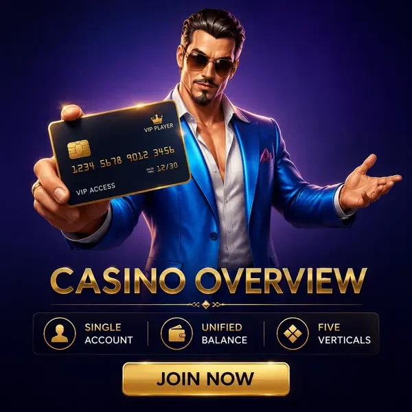 Jogador analisa visão geral do Coolzino Casino com cartão premium destacando saldo unificado
