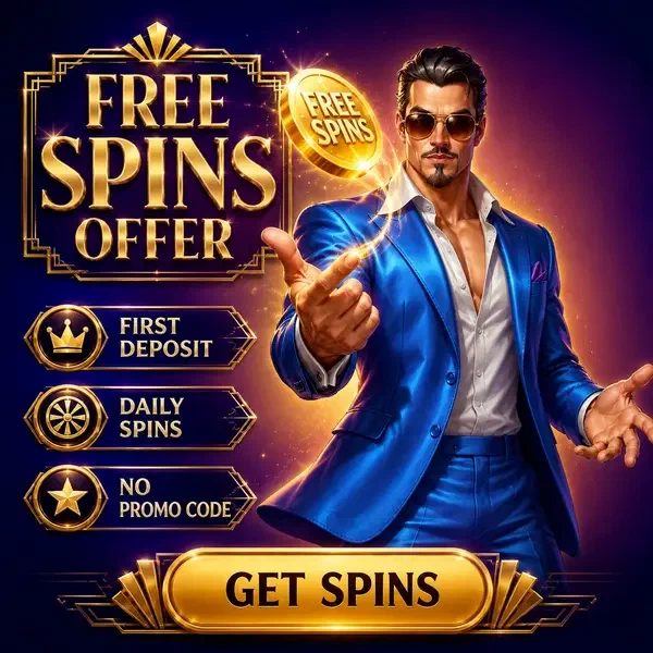 Apresentador carismático jogando moeda dourada oferecendo rodadas grátis no Coolzino Casino