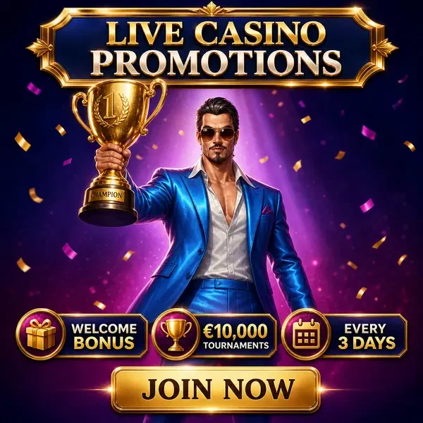 Apresentador carismático de torneio no live casino da Coolzino segurando troféu dourado em celebração