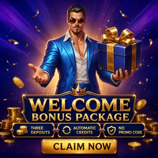 Anfitrião Coolzino apresentando pacote de bônus de boas-vindas premium com elegante caixa de presente dourada