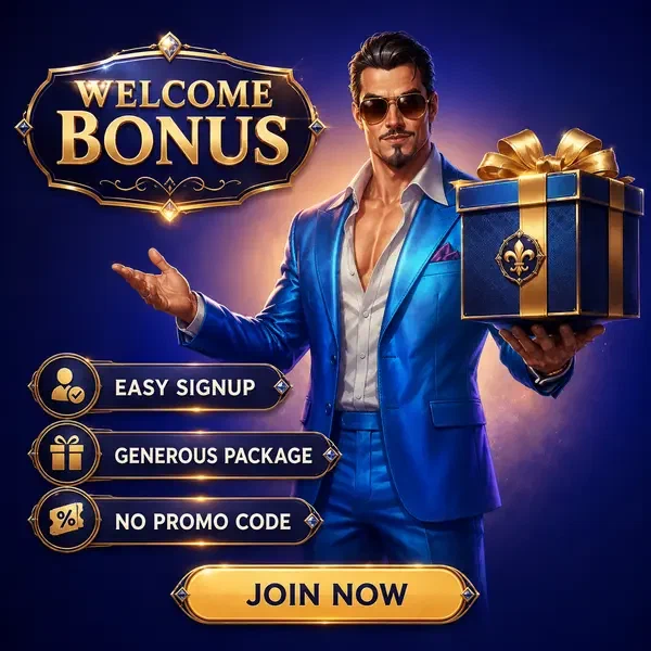 Apresentador em terno azul elétrico apresentando presente de bônus de boas-vindas no portal de login do Coolzino Casino