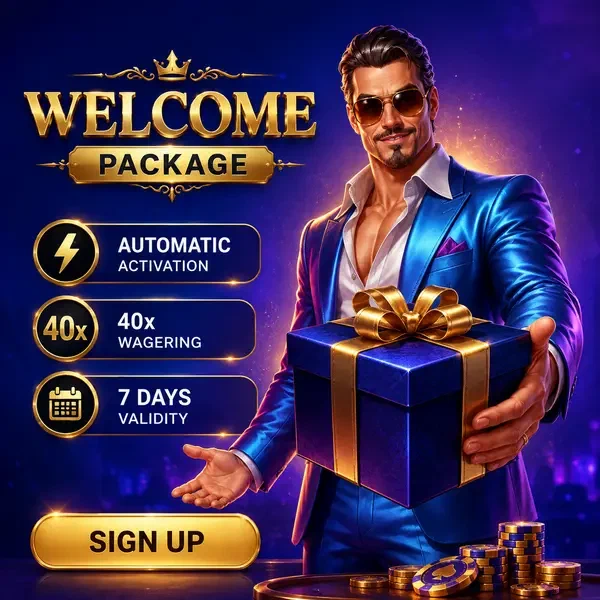 Apresentador carismático apresentando caixa de presente do pacote de boas-vindas no portal de cadastro do Coolzino Casino