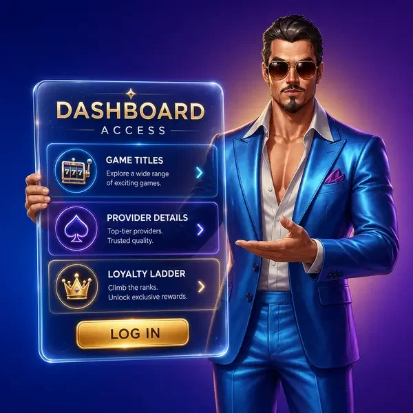 Apresentador carismático apresentando portal de login no Acesso ao Painel e Lobby com tablet brilhante