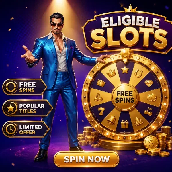 Apresentador carismático apresentando roda de prêmios dourada para rodadas grátis em Slots Elegíveis