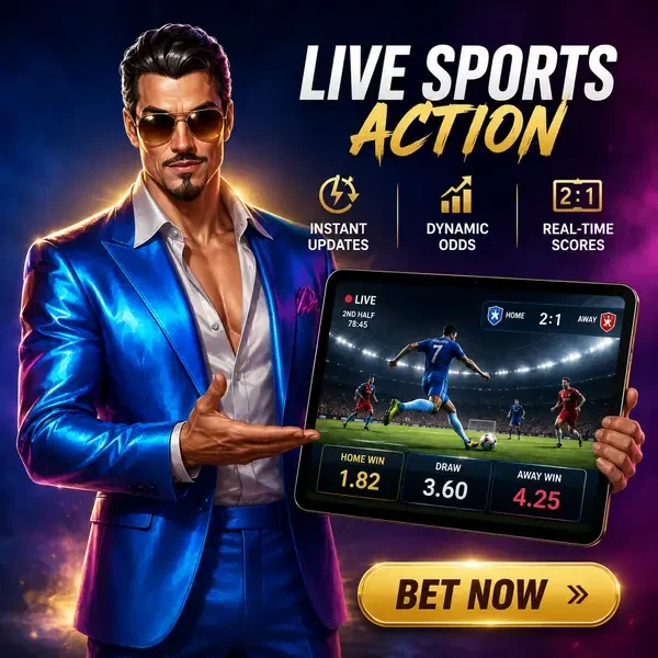 Apresentador carismático apresentando tablet de apostas esportivas em Ação Esportiva ao Vivo Agora