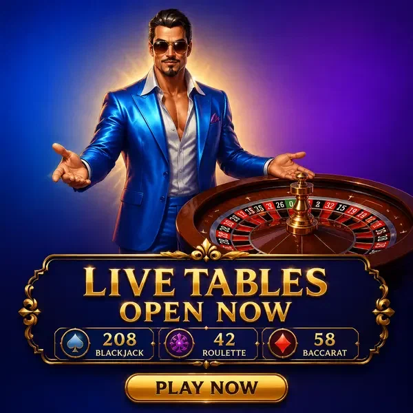 Apresentador carismático apresentando roleta de live casino no estúdio Live Tables Open Now