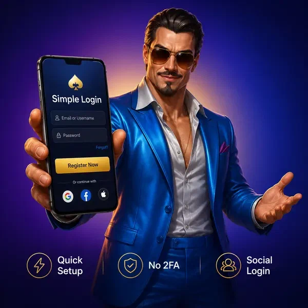 Apresentador confiante mostrando interface de login do Coolzino com gesto acolhedor