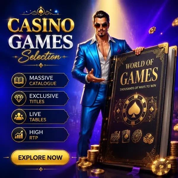 Apresentador carismático mostrando catálogo massivo de jogos de cassino no Coolzino com holofote dourado
