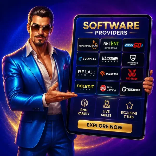 Vitrine de Provedores de Software do Coolzino com tablet exibindo principais estúdios de jogos e opções de dealer ao vivo